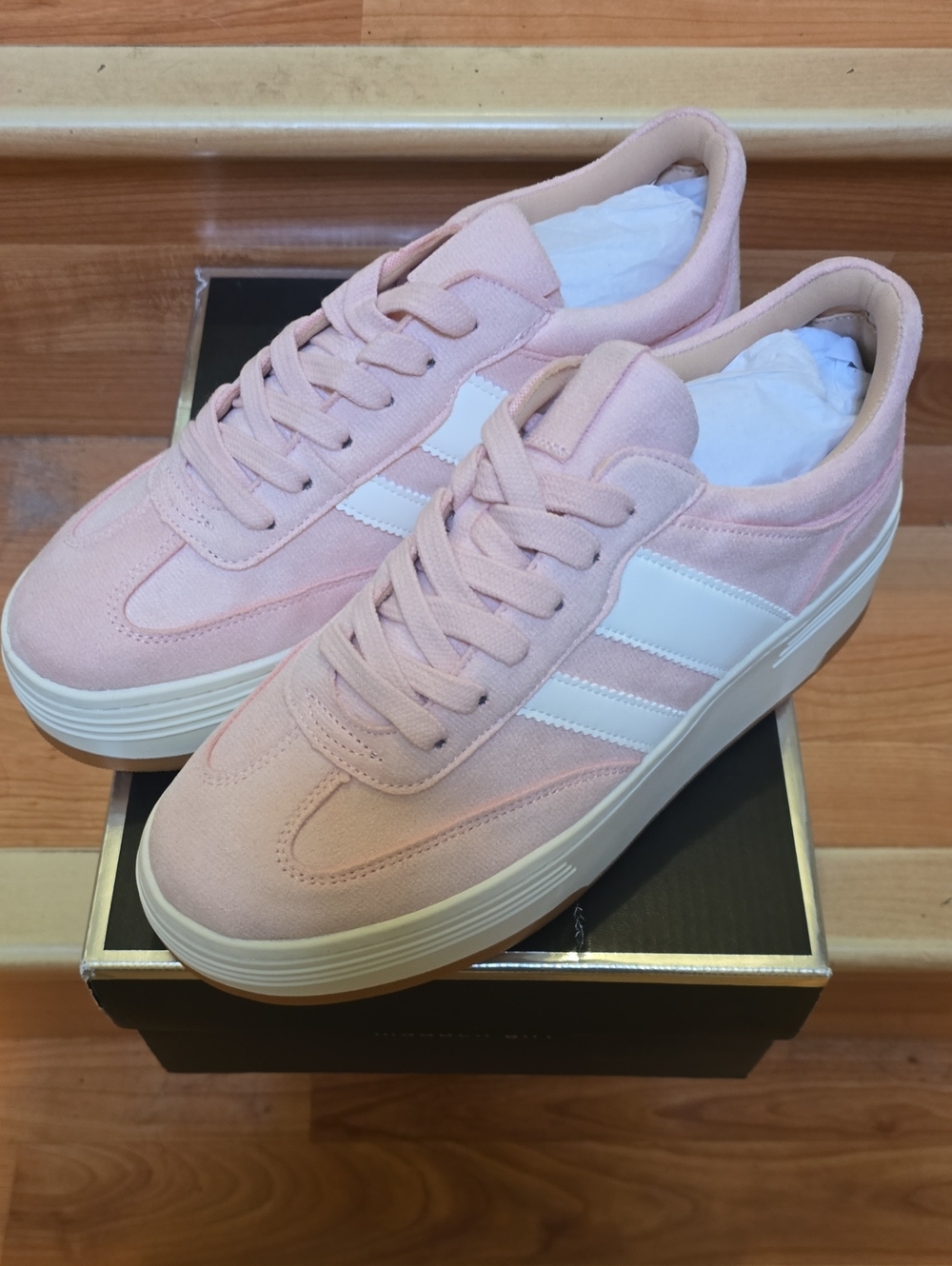 Madden Girl Pink Suede Platform Sneakers with White Stripes